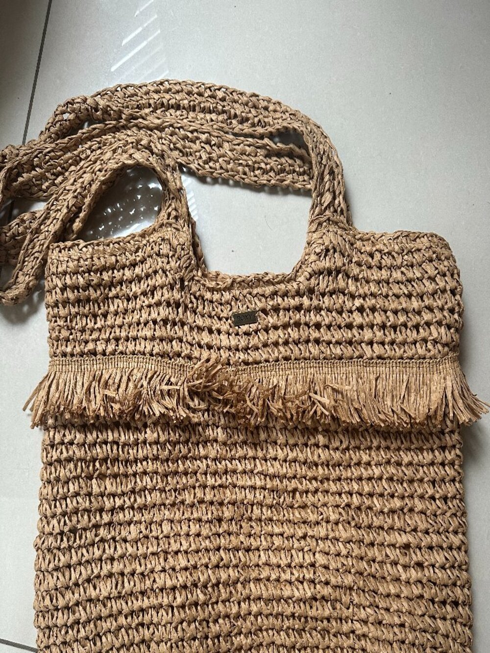 Roxy Raffia Fringe Straw Tote Bag - Boho Beach Handbag - Picture 2 of 5